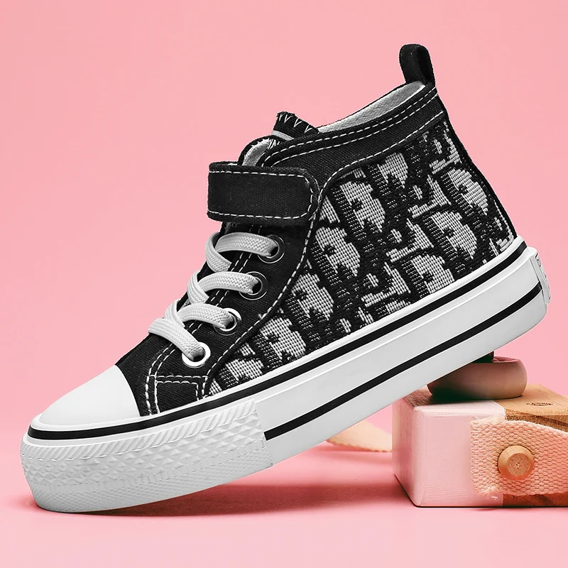 
Designer Fashion Kids School Sneakers Boy Girls Flat Black Children Dress Shoes Hightop Canvas Shoes 