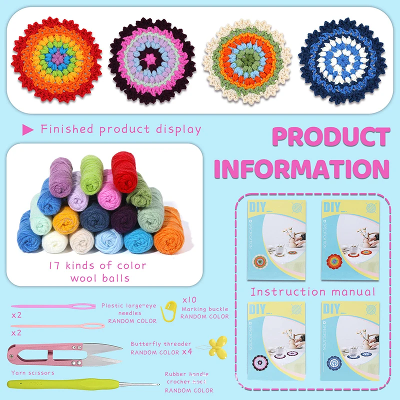 Beginner Crochet Starter Kit for Complete Beginners Adults Fun Soft Decorative Colorful flower coasters DIY Crochet Coaster sets