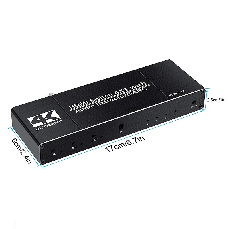 4K HDMI Switch 4port 4 In 1 Out HDMI2.0b Switcher 4x1 Audio Extractor ARC YUV4:2:0