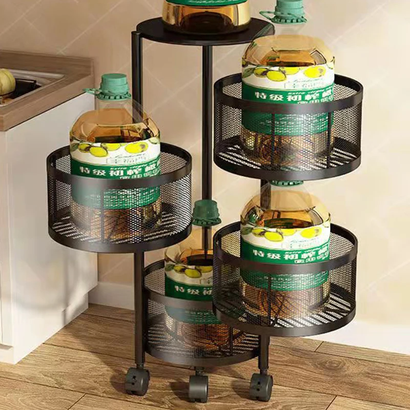 Round Multi-layer Floor Mobile Household Kitchen Rotating Shelf With Wheels
