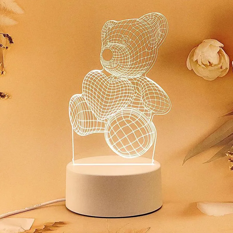 Настольная декоративная 3 вида цветов 3D USB медведь светодиодный настольный светильник акриловый дизайн для спальни уникальный Ночник светодиодные лампы Свадебный подарок