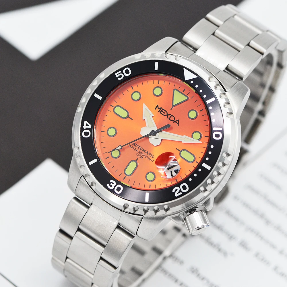 Mexda Charm Watch Stylish Durable Wristwatches Oem Luminous Hands Orange Dial SS Bracelet Automatic Watch for Men Relojes Hombre