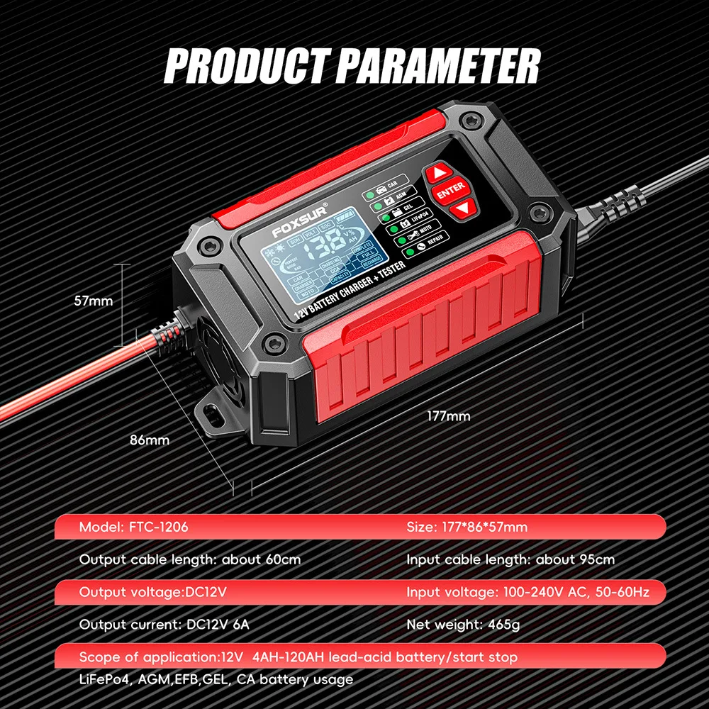 Battery Charger and Battery Tester 2 in 1 for Automotive Motorcycles Bike 12 v Battery Charger