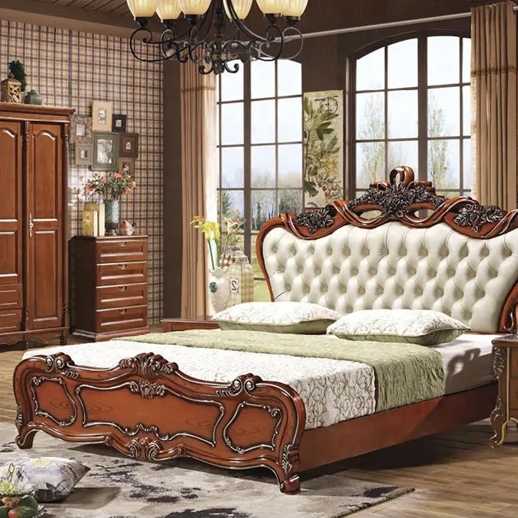 European palace deluxe king bed customized golden bedroom set storage newlywed double bed