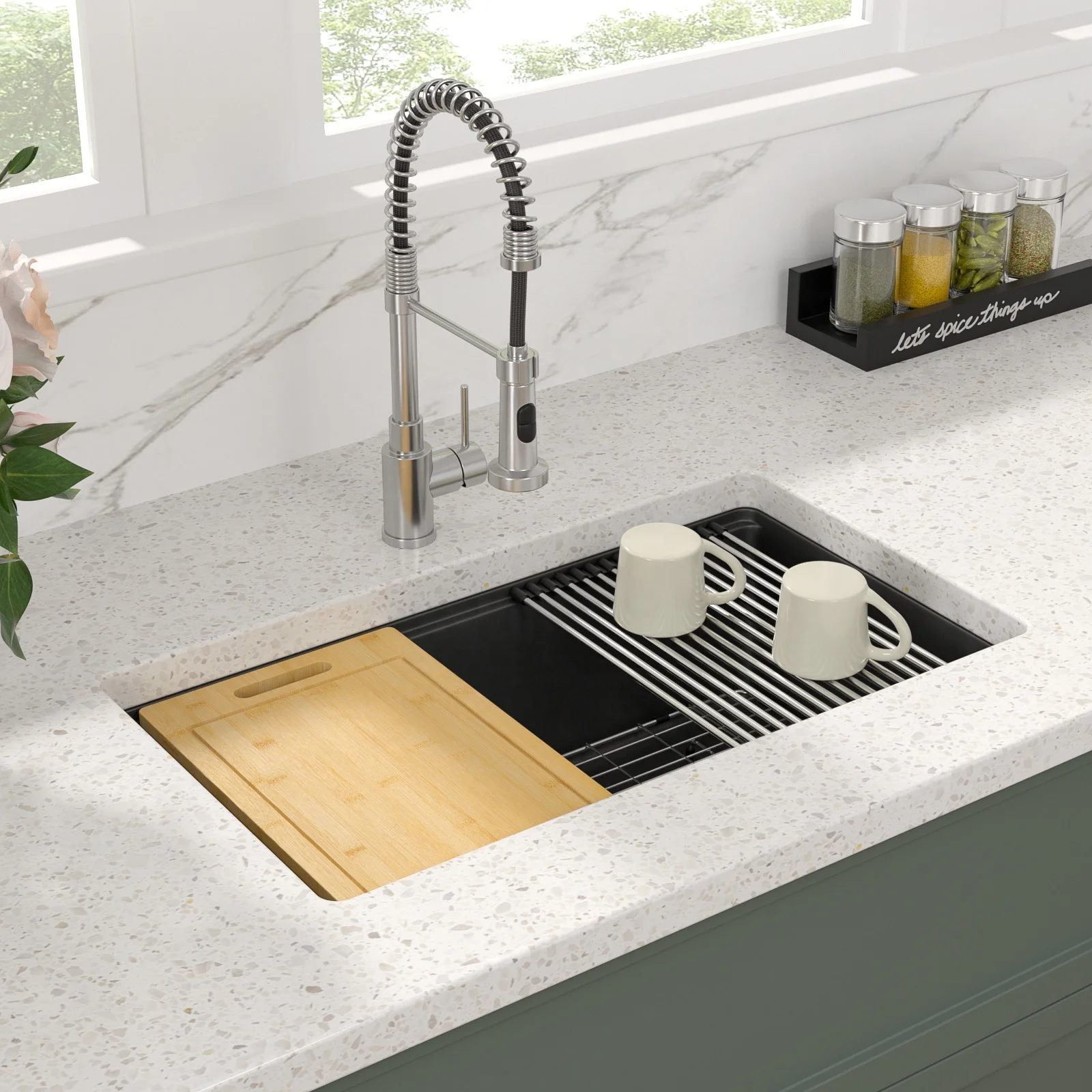 33x19 Inch Quartz Stone Water Saving Workstational Kitchen Sink Step Bowl Granite Black Kitchen Sinks Wholesale