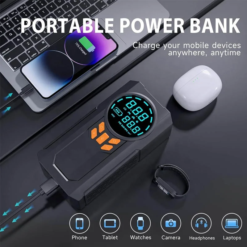 2024 Wholesale New 12V Car Air Pump with Emergency LED Light Portable 8000mAh Jump Starter Battery Tire Inflator