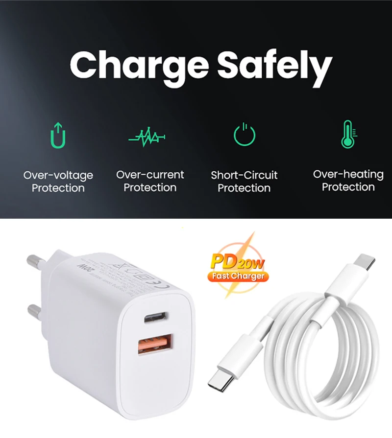 Original USB Type C Cable Charger US EU UK Plug PD 20W Fast Charging Wall Adapter For Phone lPad