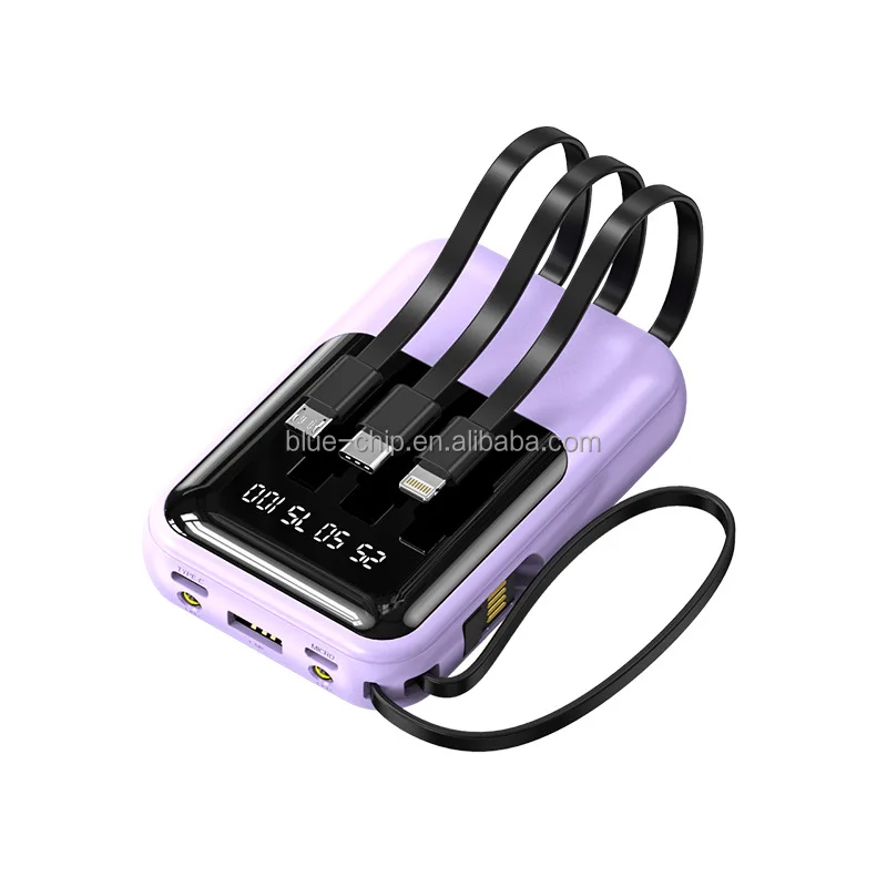 Custom Portable Mini 4 in 1 Built-in cables Dual USB Power Bank 20000mAh Large Capacity LED Digital Display Mirror Power Bank