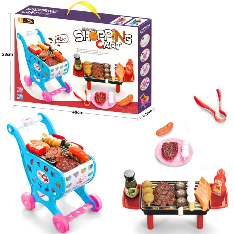 Children shopping cart Barbecue food toys Boys and girls supermarket set