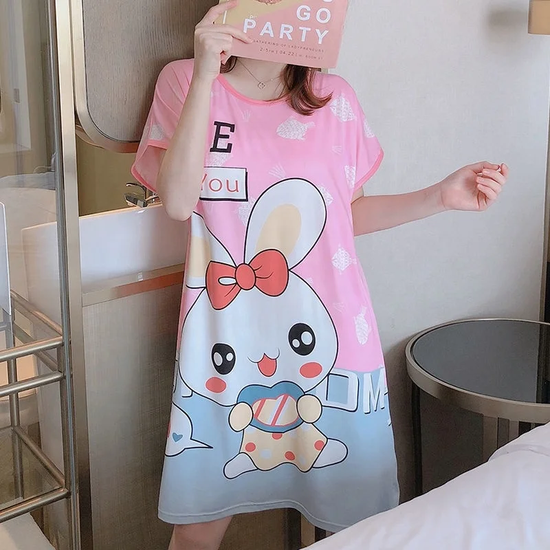 Summer Cool Fashion Milk Silk Mickey Pajamas Skirts For Women Short Sleeve O-neck Cartoon Printing Oversize Loose Night Dress