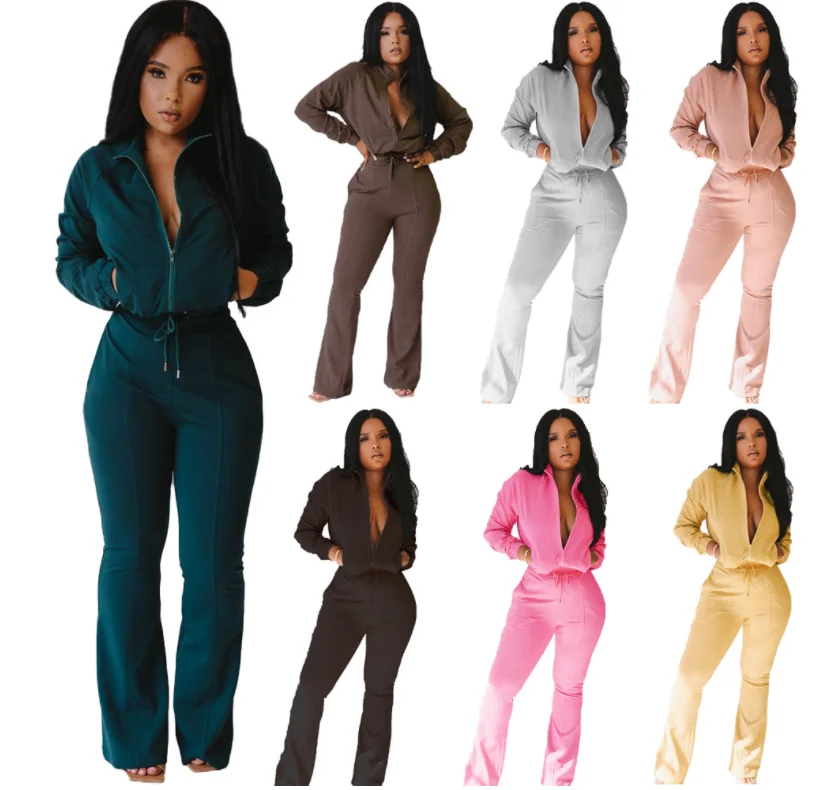 Factory Wholesale custom logo african clothing flared pants women Casual jogger sweatsui 2 piece pants set