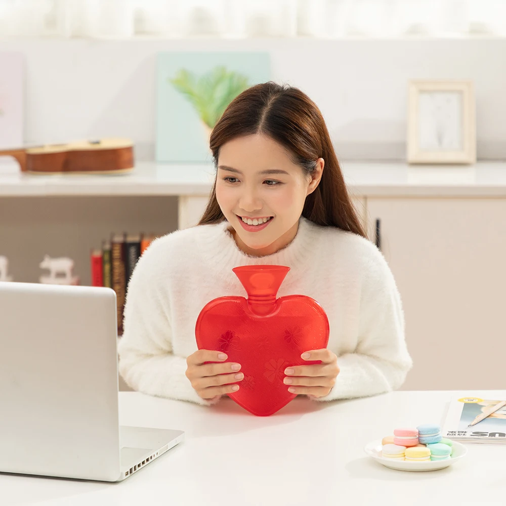 
rubber heart shaped hot water bottle with plush animal cover 