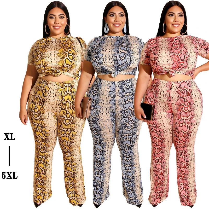 
2020 sexy crop top and bodycon midi skirt two piece set printed plus size women clothing 