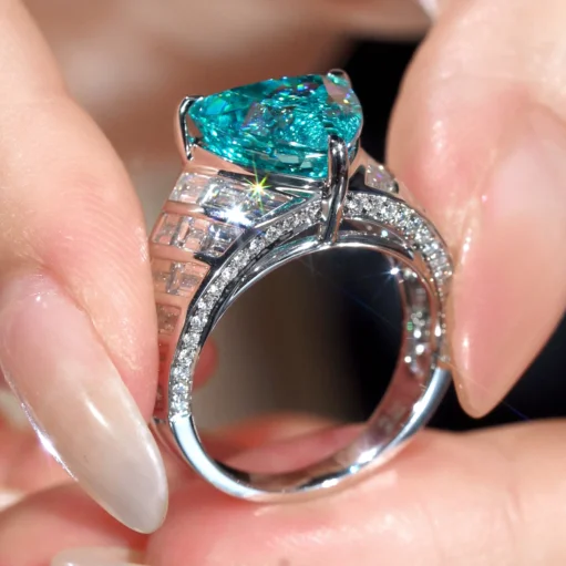 Neon Blue Labgrown Imitation Paraiba With Inclusions Trillion Cut Art-deco Ring With Step Cut and Brilliant Cut Side Stones