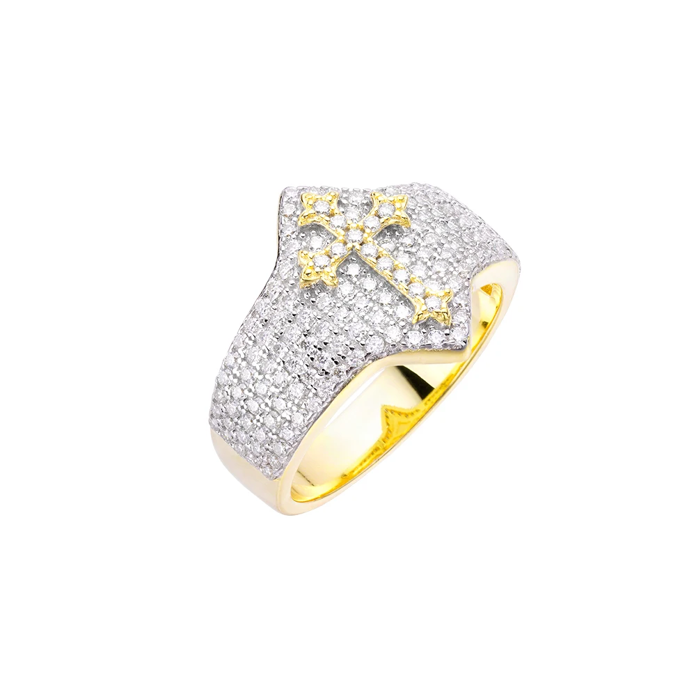 Top Quality Hot Selling Geometry 925S Two Tone 14K Yellow Gold Platinum Plating Zircon Stone CZ Cross Rings