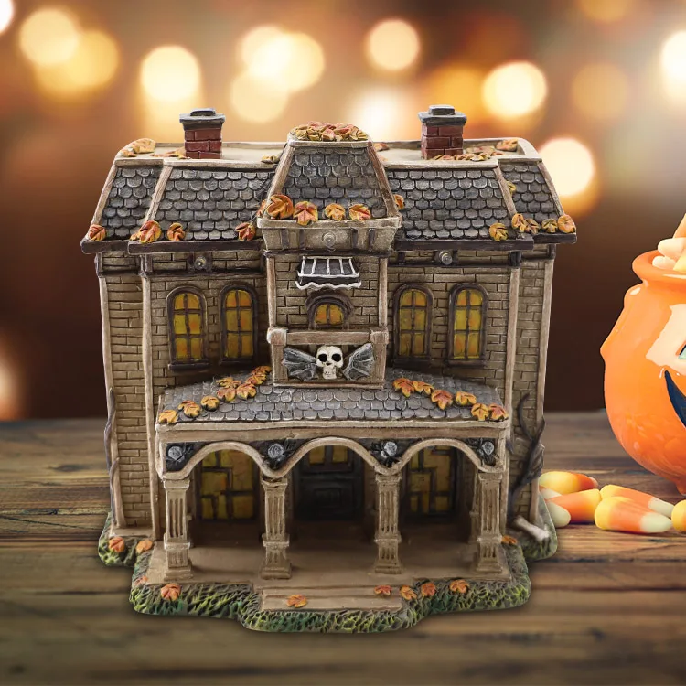 2024 Factory Supplies Wholesale Resin Pumpkin Ghost Skull Halloween Village With Light Resin Haunted House Props Halloween Decor