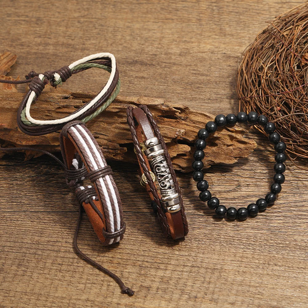 Wrap Bracelets Men Women Hemp Cords Wood Beads Ethnic Tribal Bracelets 4pcs set Fashion Multilayer Charm Brown Leather Bracelet