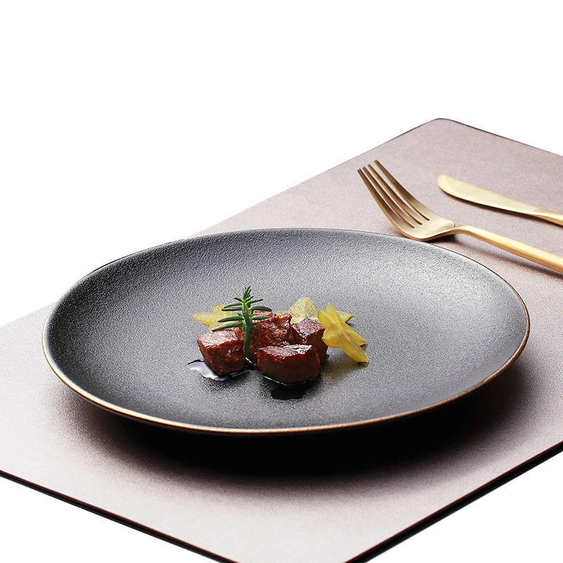 Wholesale personalized ceramic luxury bone china black body with gold side matt gloss round dinner plates with logo fruit plate