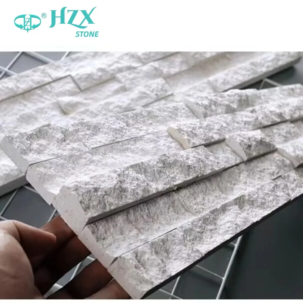 HZX Modern Design White Marble Wall Cladding Antacid Splitface and Polished Wooden Stacked Ledger Stone Panel for Villas