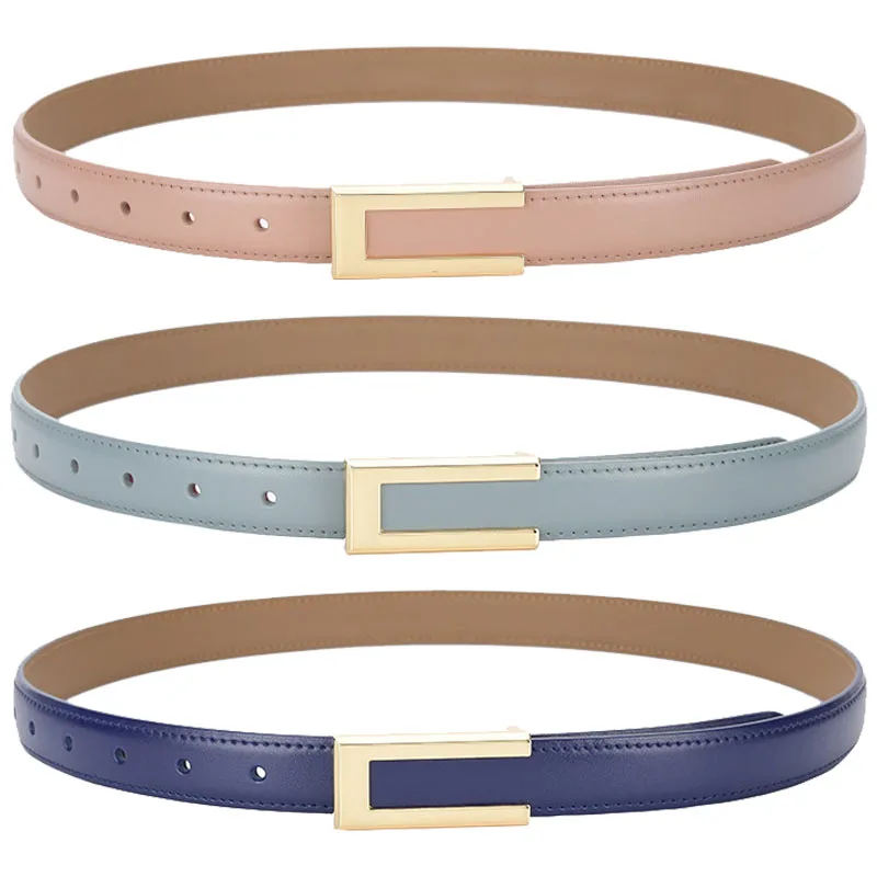 REWIN Fashion 2.4cm Width Skinny Ladies Thin Waist Belts Genuine Cow Leather Belts with Gold Buckle for Dresses Jeans Pants