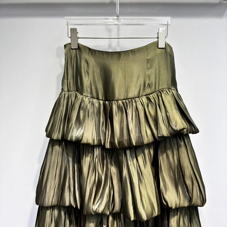 New 2025 Spring Long Skirt High Quality Women High Waist Cascading Ruffle Flower Patterns Long Maxi Skirt Green Black Party Wear