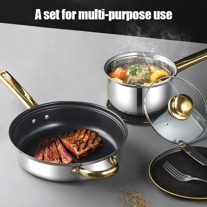 Лидер продаж Набор Антипригарной Посуды Shopee с золотой ручкой 12 шт. качественная кухонная посуда из нержавеющей стали набор кухонной посуды