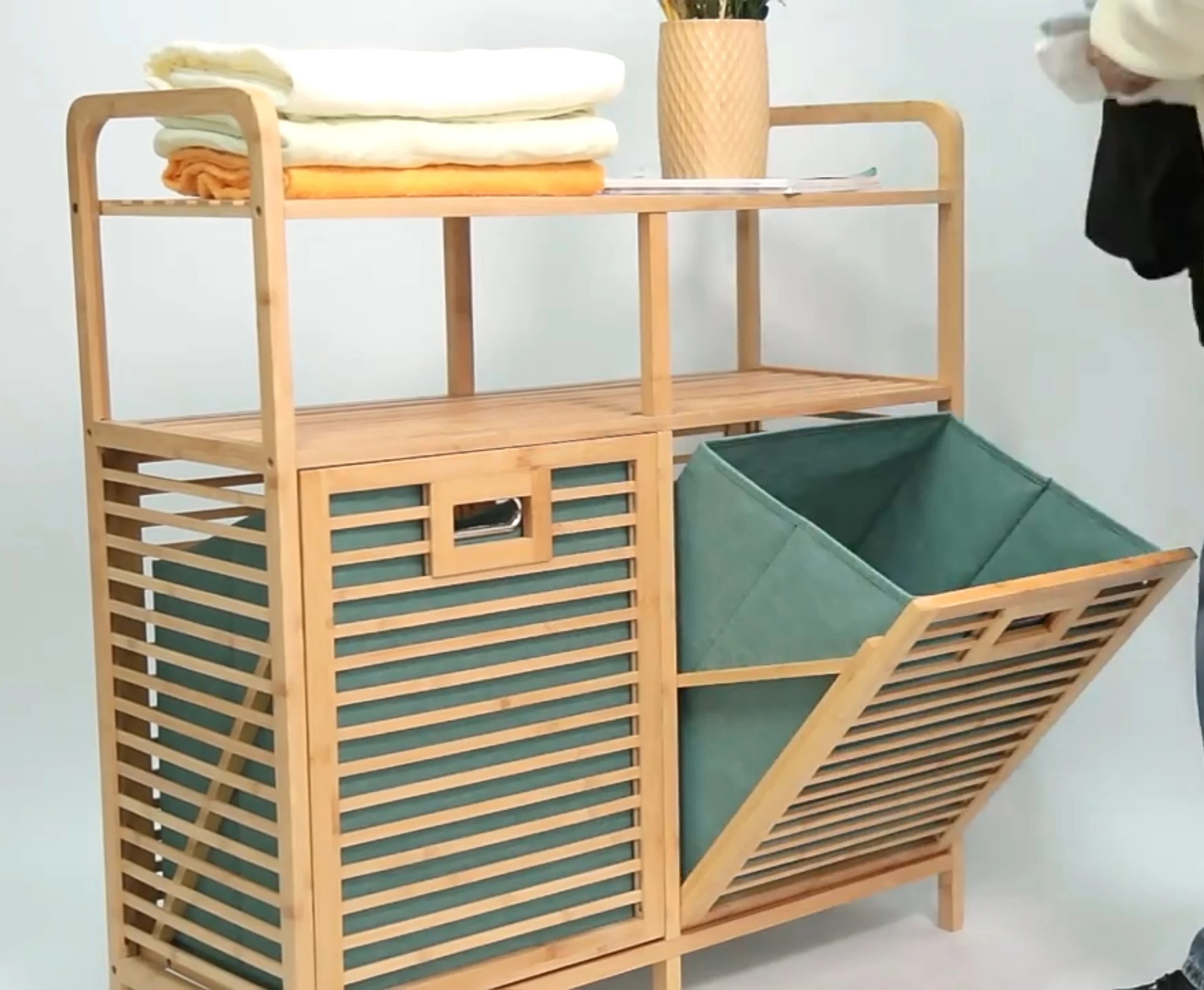 Wholesale Factory Bamboo Organizer Bathroom Shelf Wooden Storage Shelves Dirty Clothes Laundry Basket