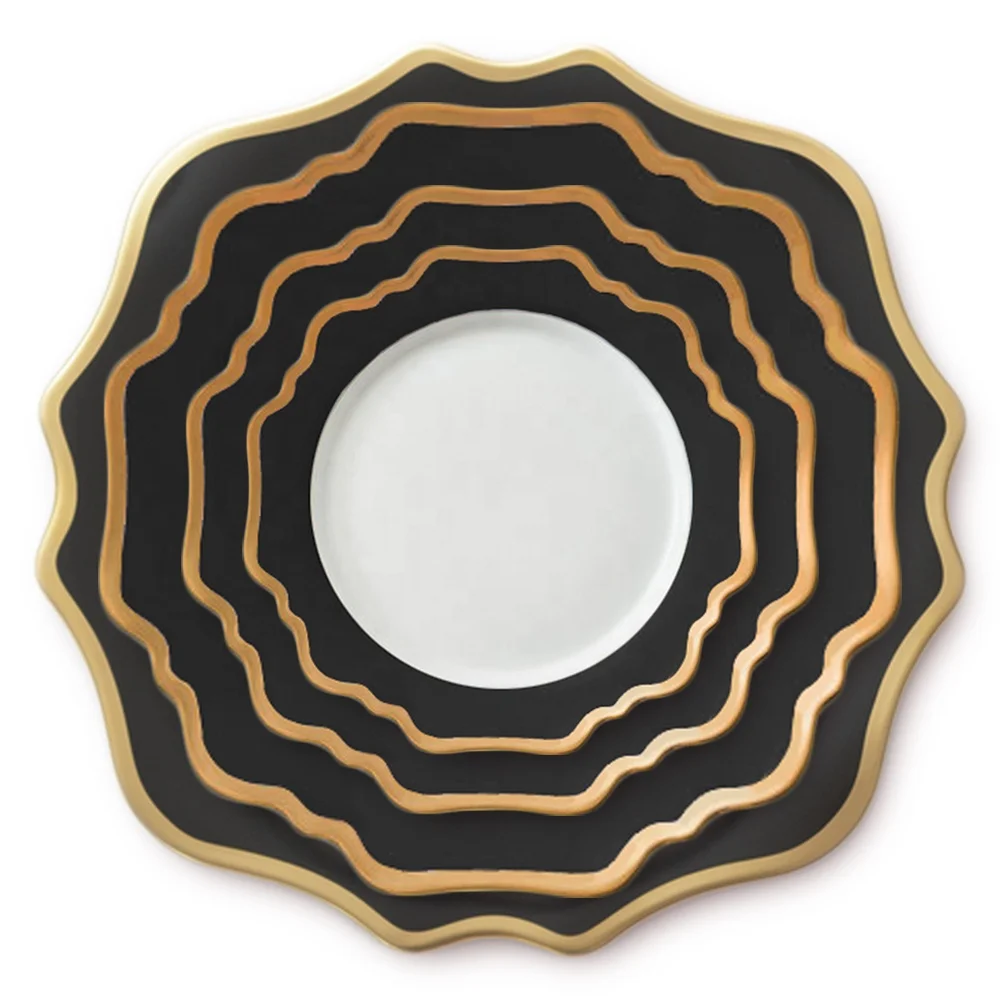 Wholesale high quality fine bone china dinnerware set black rimmed ceramic plate sets