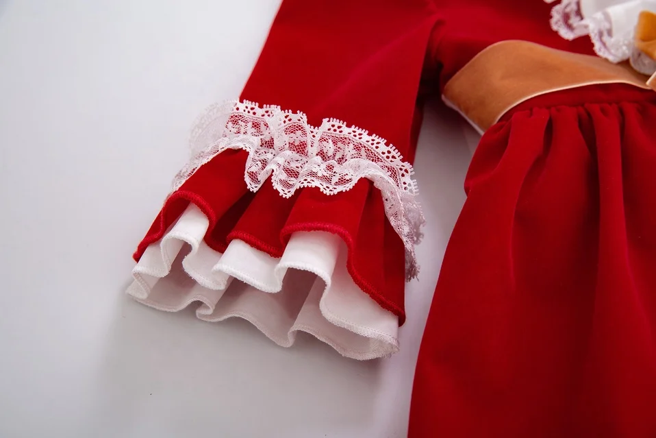 OEM Pettigirl Girls Party Dresses with Headband Wine Red Lace Dress Long Sleeve Spanish Dress for Kids