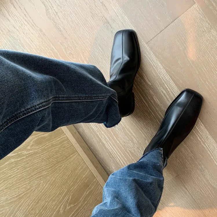 Xinzirain Wholesale Ladies Heel Wide Fit Square Toe Snake Print Genuine Leather Low Heel Women Ankle Boot