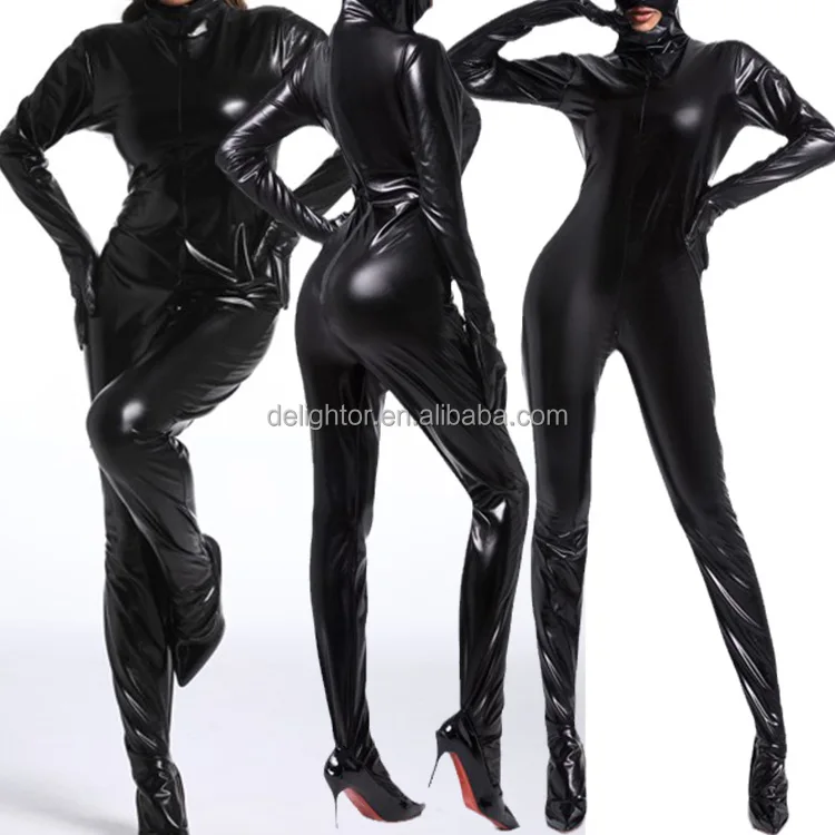 Girls Sexy Black Latex Bodysuit Front Jumpsuits Stretch Bodystocking Tight Lingerie Women in Catsuit