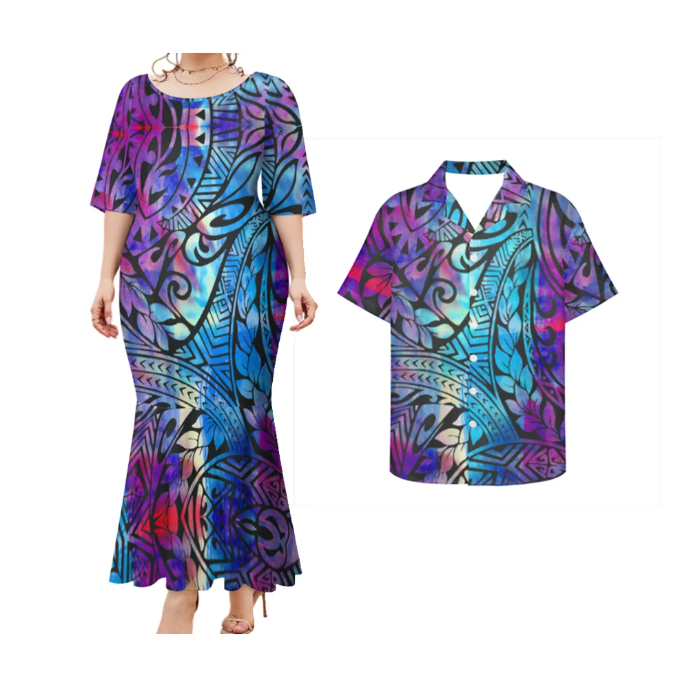 Promotional Price polynesian Elei Tribal Tie-Dye Design Custom 2 pcs Couple Clothes Casual  Big Size Mens Shirts Woman Dress