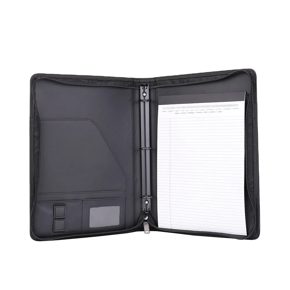 Customized Zip Round Pu Leather File Folder USB Date Line Storage 3 Binder Card Holder Document Portfolio File Folder