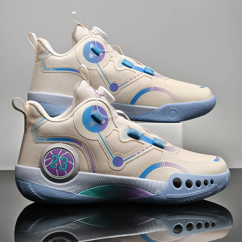 Wholesale hot 23 button sports lace-up high top mesh flying knitting basketball shoes  outdoor mens basketball shoes