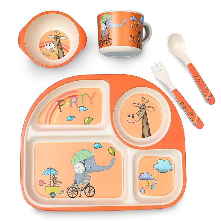 5Pcs Bamboo Fiber Biodegradable Kids BPA Free Children Cartoon Shape Dinnerware Set
