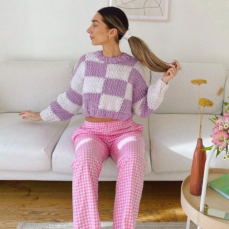 Женские свитера 2021 зимний клетчатый Вязаный топ с длинными рукавами пуловер Свободный укороченный вязаный свитер свитера с вырезом лодочкой женские топы
