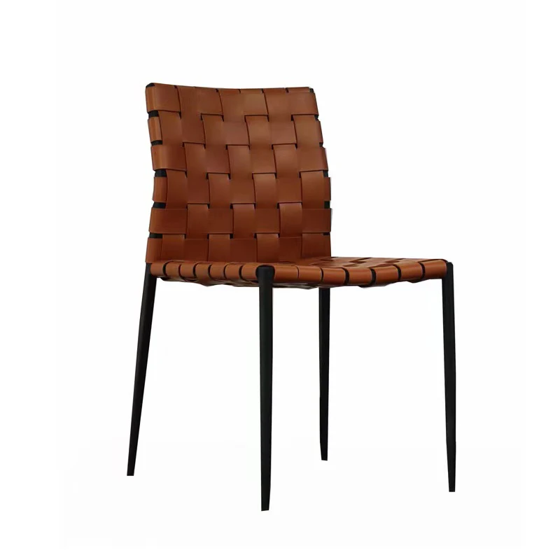 Modern Nordic home living room metal frame woven saddle leather nordic dining chair