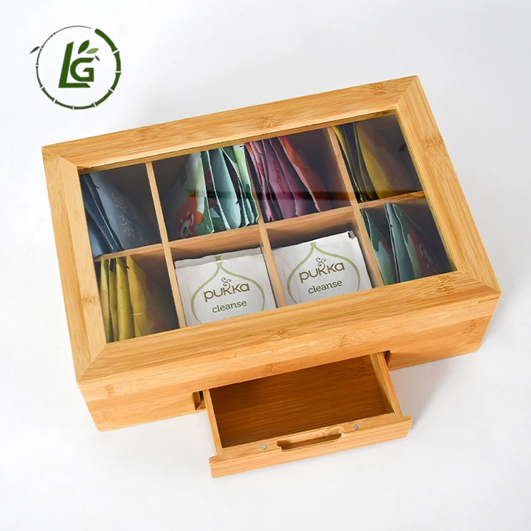 Legend Customized  8 Compartments Tea Storage Box Bamboo Tea Storage Bag Organizer Box for Tea Holder