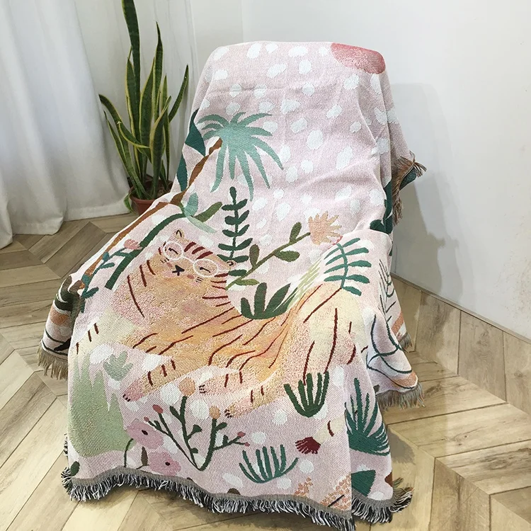 Custom Cotton Polyester Yarn Dye Weaving Accept Custom Artwork With Logo Cheap Throws Sofa Tapestry Knitted Woven Blanket