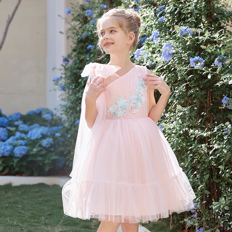 Girls 3D flower pink mesh dress kids summer baby girl party princess dress baby clothes baby girls kids clothing frock