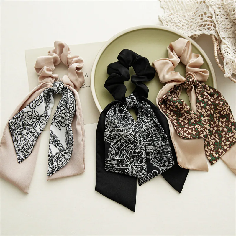 Fashion Elastic Floral Hair Bands Girls Bow Scrunchies Korean Flower ponytail Double-deck Scarf Hair Ties Hair Accessories