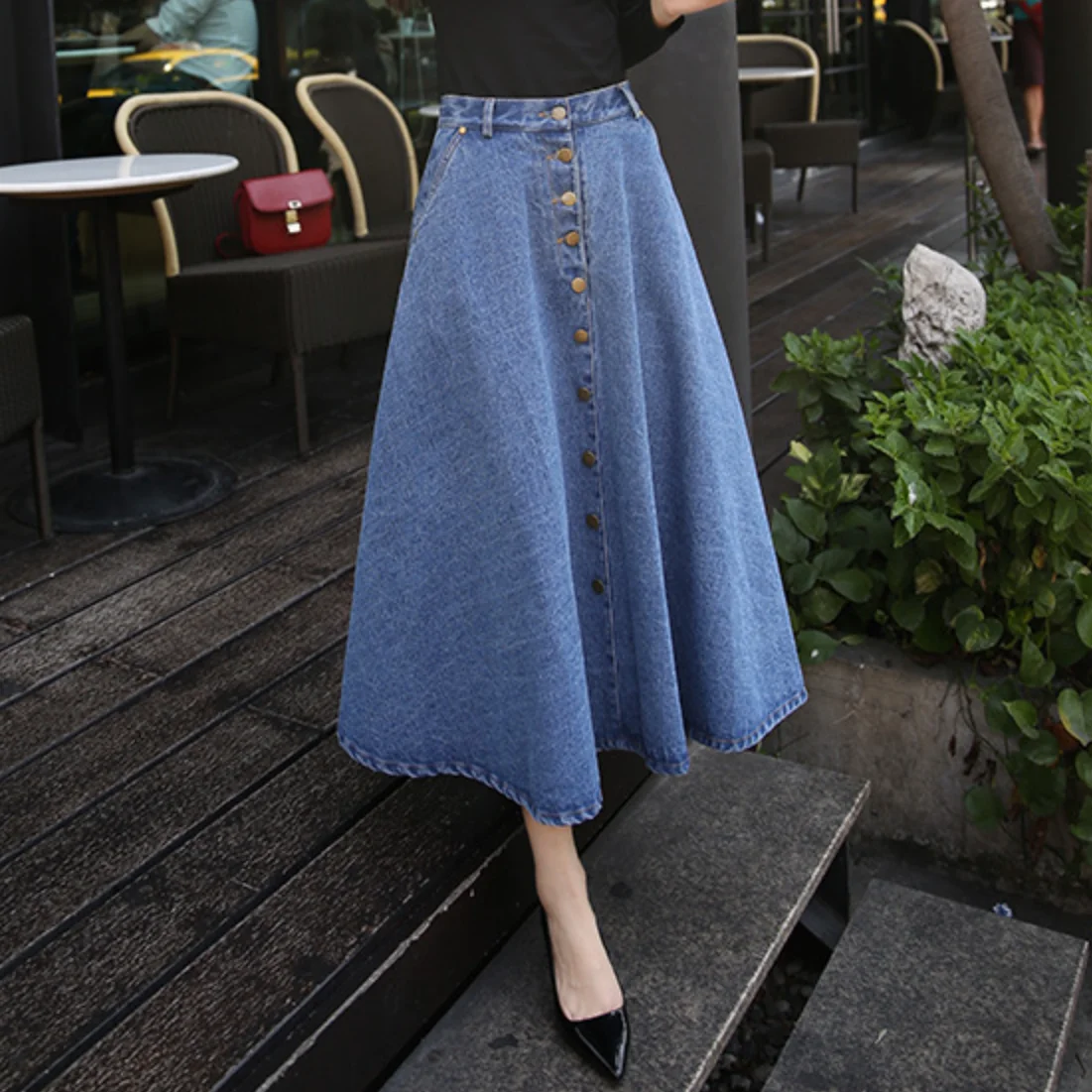 Factory Wholesale summer best selling lady fashion button loose A-line long skirt fancy new style women jeans skirts