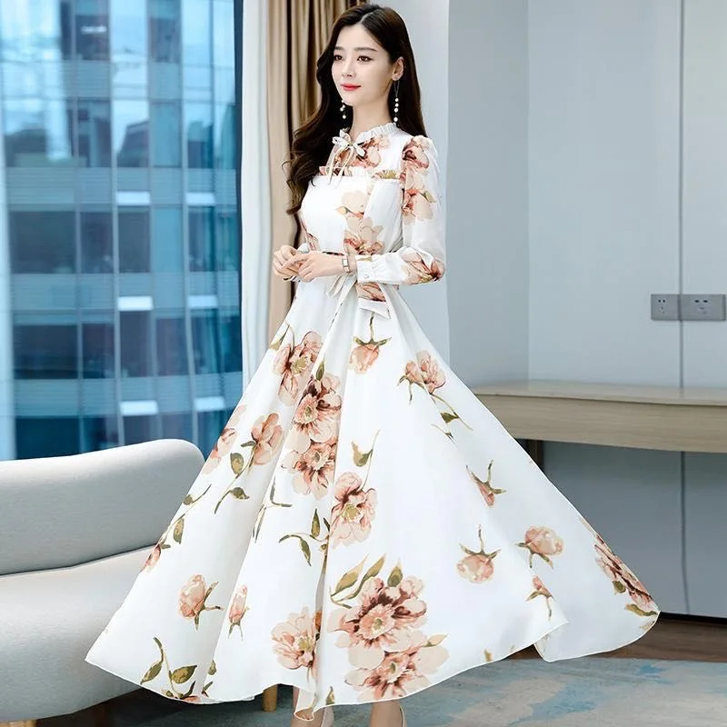 Women Maxi Standard Floral Summer long dress lady long sleeves printing  flowers fashion Dresses