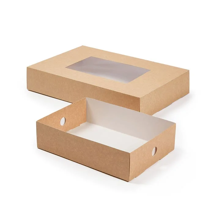 Grazing boxes corrugated paper catering trays, E/F flute brown box with window for cupcake  takeaway