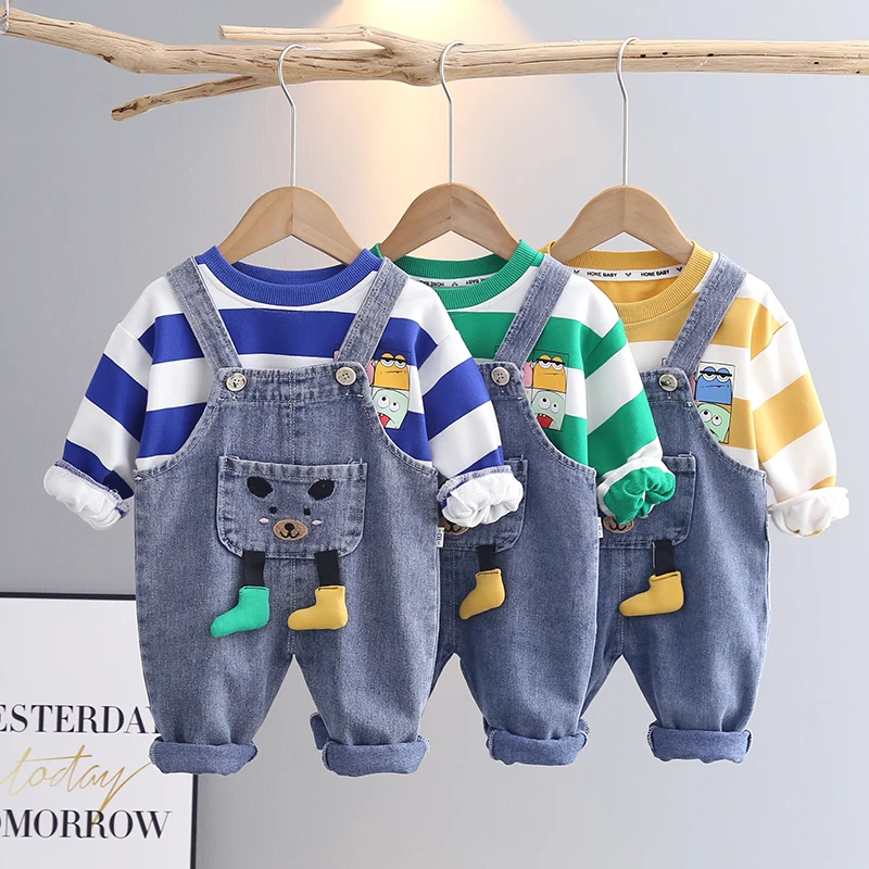 Toddler Kid Boy Girl 2Pcs Clothes Cute T Shirt Long Sleeve Top Suspender Short Jeans Pants