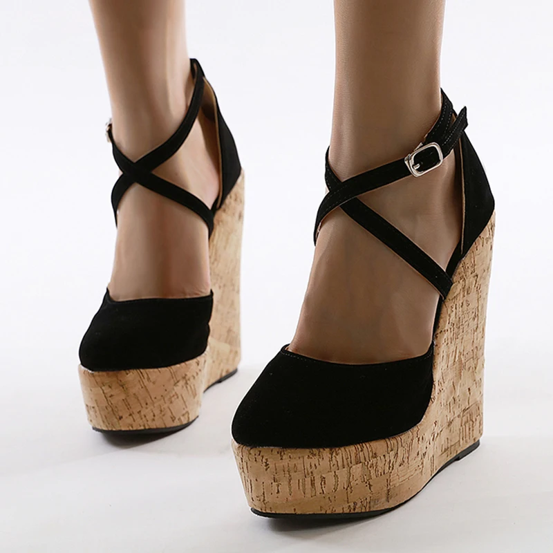NEW Summer Women Shoes Sandals Chelsea Boots Cross-Strap Flock Fashion Platform Wedges Buckle Back Dress Pointed Toe Black 41 42