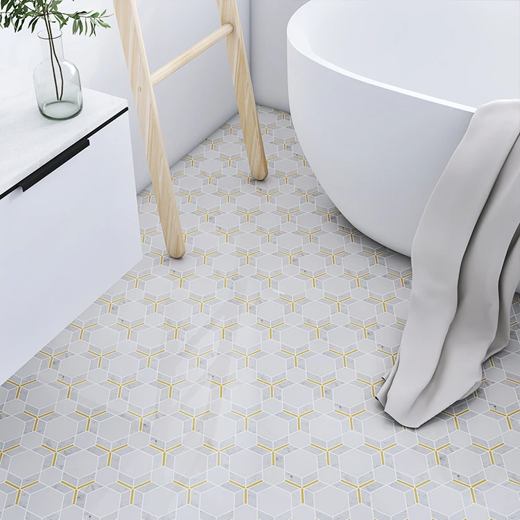 Натуральный Мрамор белая Каррара алмазная шестиугольная мозаичная плитка полированная латунная мраморная для ванной комнаты напольная