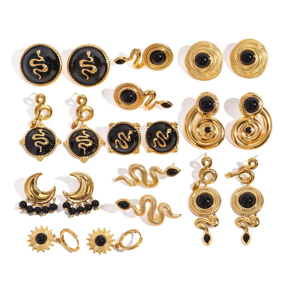 ERESI Vintage Hiphop Jewelry Series Black Onyx Earrings 18K Gold Plated Stainless Steel Snake Stud Earring Black Stone Earring