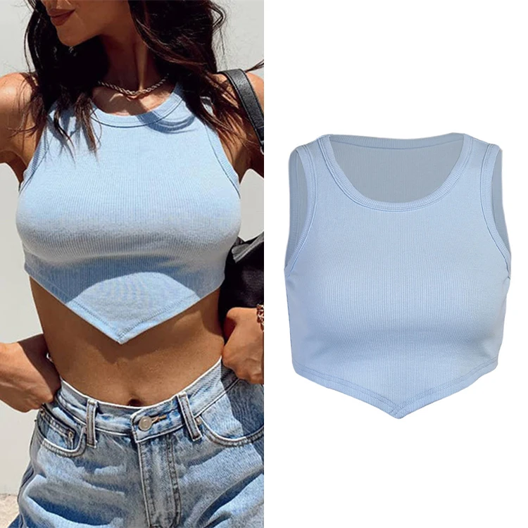 Casual Sexy Crop Tank Tops Vest Solid Female Irregular Hem Sleeveless Ladies Camis Knitted Blue White Women Tops