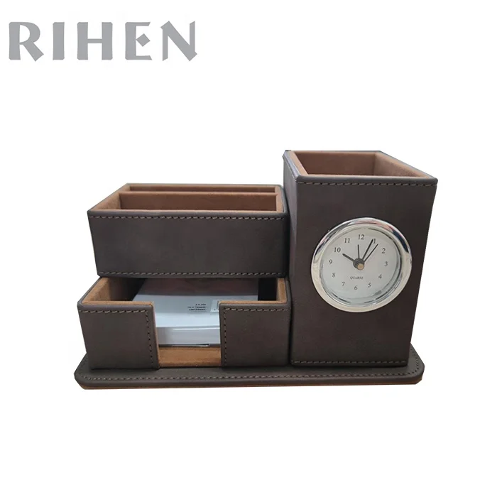 Коричневый кожаный держатель для записей, настольный органайзер для ручек с часами